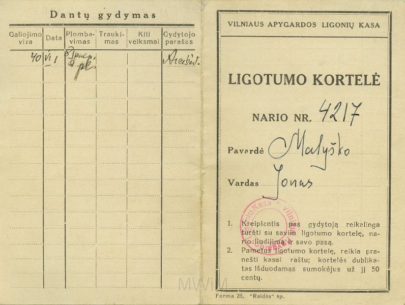 KKE 5428-3.jpg - (litewski) Dok. Legitymacja członkowska na fundusz chorobowy dla Jana Małyszko, Wilno, 30 XII 1939 r.